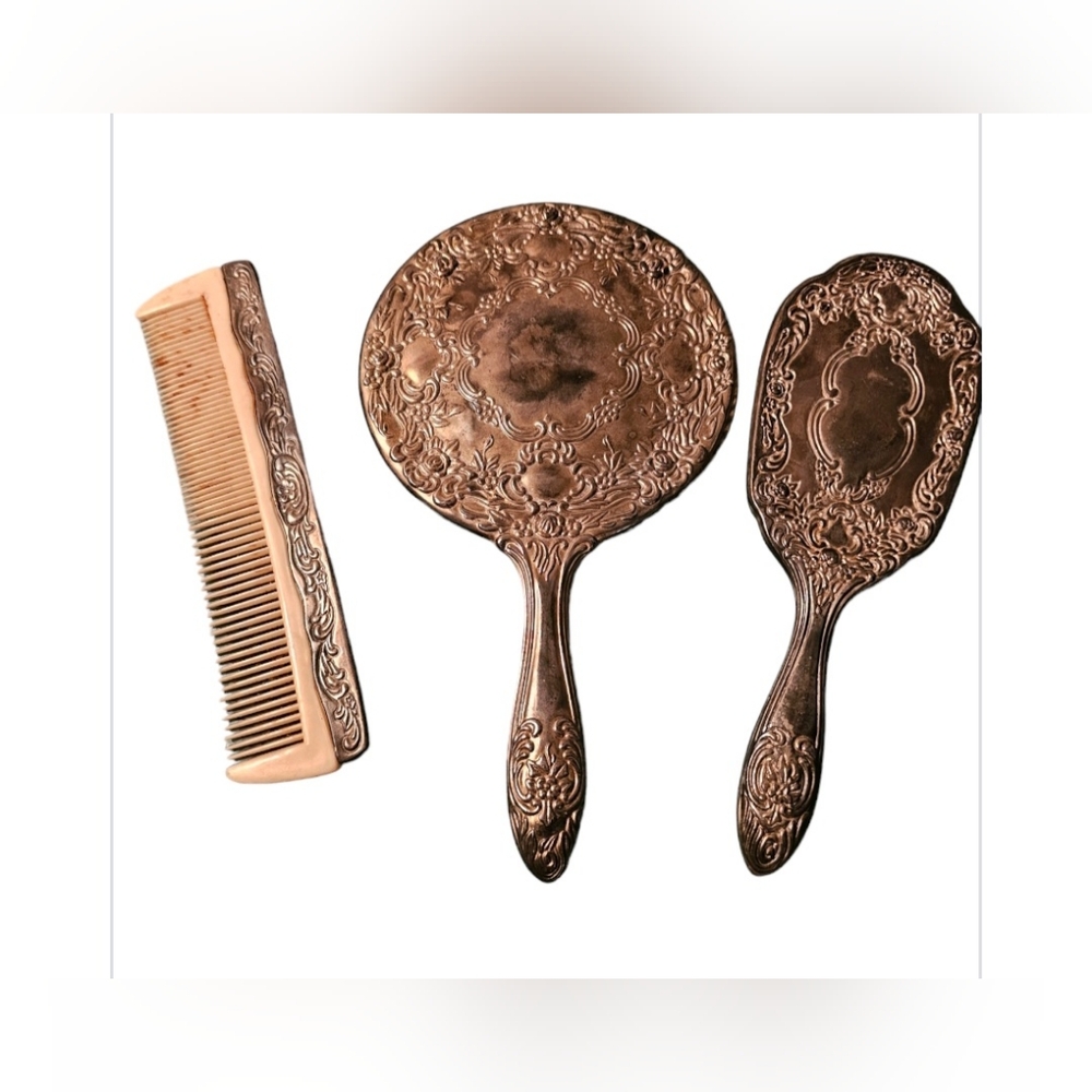 Vintage Vanity Comb, Brush & Mirror Set *Silver Plated